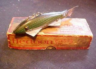 Vintage Green Scale Heddon Fishing Decoy Antique Tackle Box Bait Spearing Musky