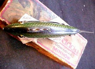 Vintage Green Scale Heddon Fishing Decoy Antique Tackle Box Bait Spearing Musky 3