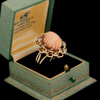 Antique Vintage Deco Retro 14k Gold Chinese Carved Angelskin Coral Ring Sz 6.  5