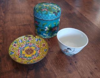 Antique Chinese Cloisonne Box,  Porcelain Teacup And Cloisonne Dish For Repair