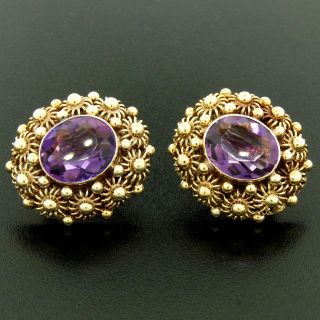 Vintage Solid 14k Yellow Gold Flowers & Amethyst Solitaire Omega Back Earrings