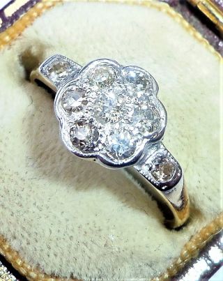 Antique Art Deco 18ct Gold & Platinum Diamond Daisy Cluster Ring,  Size L