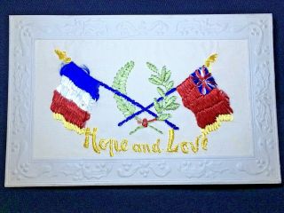 Ww1 Silk Embroidered Postcard French & Canadian Flag “hope And Love” Toronto On