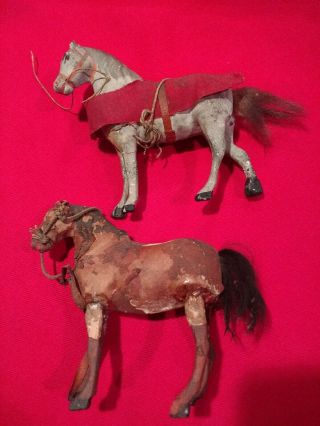 Two Antique Paper Mache And Wood Stick Legs Horses Fuzzy Tails Germany