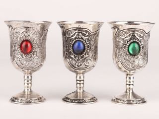 3 China Silver - Plated Copper Artificial Gem Embellishment Wine Cups Gift