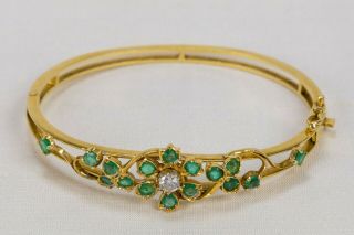 Victorian 18k Gold Diamond Emerald Flower Vine Hinged Bangle Bracelet 17g