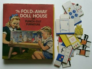 Vintage 1949 Fold Away Doll House With Punch Out Furniture Book Paper Dollhouse