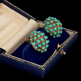 Antique Vintage Deco 14k Rose Gold Persian Turquoise Bombe Huge Cluster Earrings