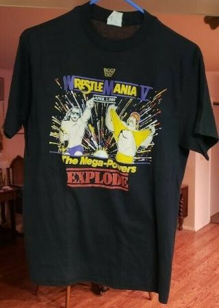 Vintage 80s Wrestlemania V Mega - Powers Explode Hulk Hogan Macho Man T - Shirt L