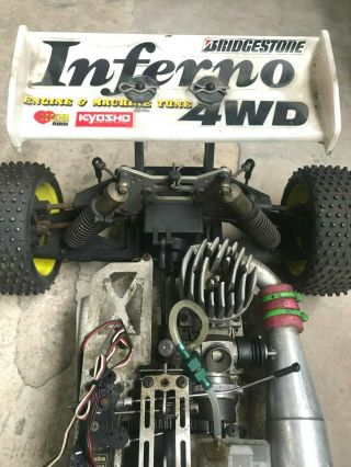 Vintage Kyosho Inferno 4WD 1/8 Buggy Os Max RF.  21 Nitro Engine and Muffler 7