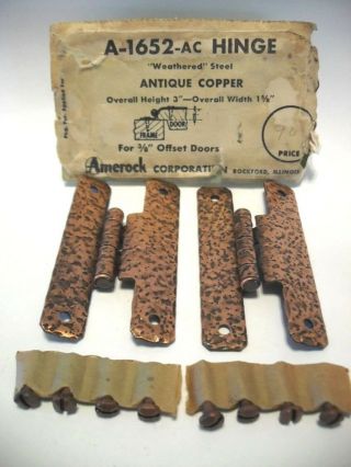 Vtg Nos Antique Copper Hammered Steel Cabinet Door Hinges H Style 3/8 " Offset