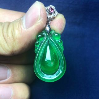 Chinese 925 Silver & Green Jadeite Jade Handwork Collectible Drop - Shaped Pendant
