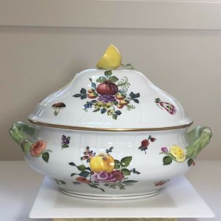 Antique Herend Fruits & Flowers Large Tureen & Lid With Lemon Handle 15 " X 9 "