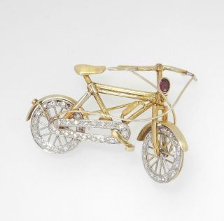 Incredible 14k Yellow Gold Diamond Ruby Bicycle Pin Brooch W/ Movable Parts