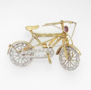 Incredible 14K Yellow Gold Diamond Ruby BICYCLE PIN BROOCH w/ movable parts 2