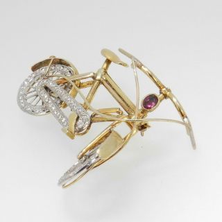 Incredible 14K Yellow Gold Diamond Ruby BICYCLE PIN BROOCH w/ movable parts 3