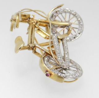 Incredible 14K Yellow Gold Diamond Ruby BICYCLE PIN BROOCH w/ movable parts 4