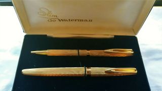 Waterman C/f Gold Moire Vintage Fountain Pen,  Ballpoint Set - F 18k Nib (nos)
