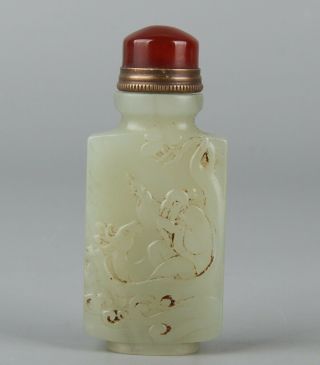 Chinese Exquisite Hand - Carved Old Man Deer Text Carving Hetian Jade Snuff Bottle