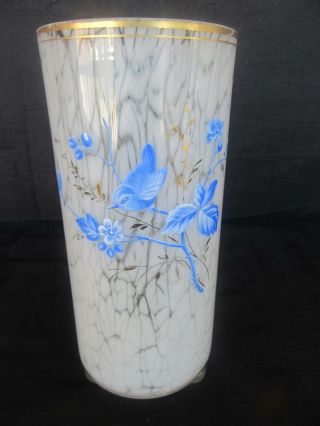 Antique Victorian Hand Painted Enamel Cylinder Glass Vase,  Blue Bird,  (10 ")