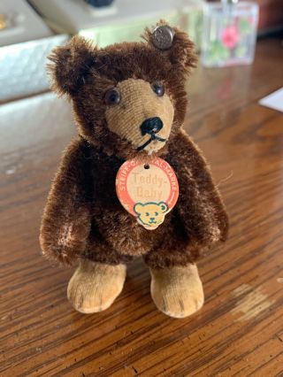 Vintage Miniature Steiff Teddy Baby Bear W/ Id Dk Brown Mohair 3.  5” Stands Too