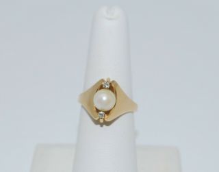 Vintage 14K Gold Pearl & Diamond Ring - Signed Esemco,  7mm Pearl,  Size 6.  75 2