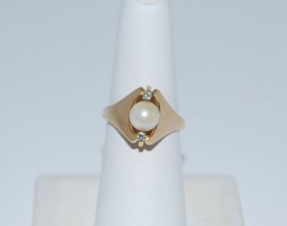 Vintage 14K Gold Pearl & Diamond Ring - Signed Esemco,  7mm Pearl,  Size 6.  75 3
