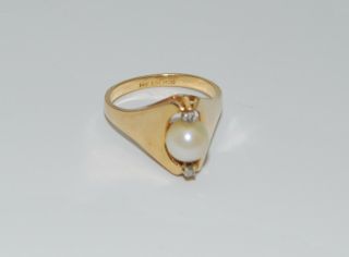 Vintage 14K Gold Pearl & Diamond Ring - Signed Esemco,  7mm Pearl,  Size 6.  75 7