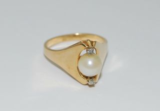 Vintage 14K Gold Pearl & Diamond Ring - Signed Esemco,  7mm Pearl,  Size 6.  75 8