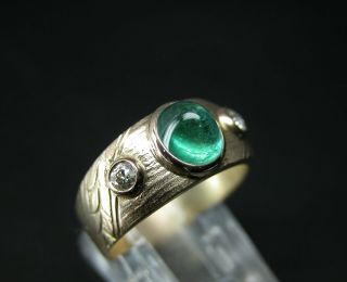 Antique Russian 14k 56 Gold Emerald Old Cut Diamond Three Stone Ring