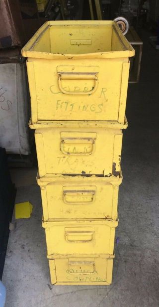 (6) Vintage Yellow Industrial Stacking Metal Storage Bins 20 " X 10 "