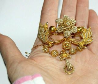 RARE EXQUISITE HUGE ANTIQUE GEORGIAN HIGH CARAT GOLD SEED PEARL BROOCH / PIN. 10