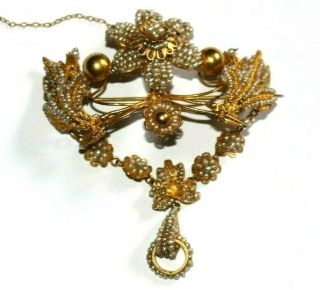 RARE EXQUISITE HUGE ANTIQUE GEORGIAN HIGH CARAT GOLD SEED PEARL BROOCH / PIN. 4