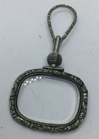Antique Victorian Silver Tone Repousse Magnifying Glass Fob Pendant 2