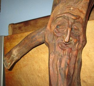 Vintage Hand Carved Wood Face Tree Spirit Gnome Signed Austria