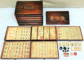 168 Antique Vtg Box Set Bone & Bamboo Mah Jong Mahjong Game Tiles W/ Accessories