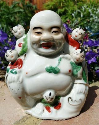 Antique Chinese Porcelain Happy Laughing Buddha Famille Rose Enamels