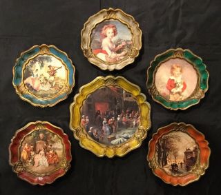 Unique Vintage Italian Florentine Coasters Set Of Six With Victorian Scenes