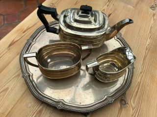 1927 Solid Silver 3 Piece Tea Set By William Hutton & Sons & 1913 Tray,  2400gms