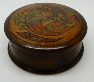 Antique / Vintage 3 " Round Wooden Box With Peacock Lid From England