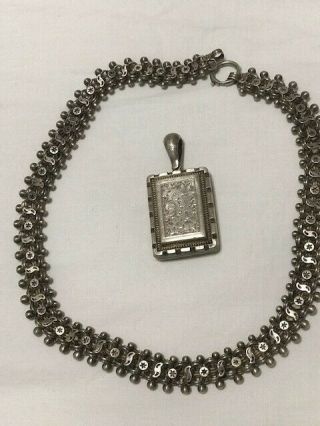 Antique Victorian Sterling Silver Intricate Book Chain Necklace And Locket