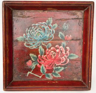 Vintage Square 15 " Chinese Wood Hand Painted Tray With Flowers