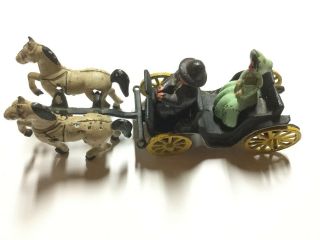 Vintage Cast Iron Amish Man & Woman 2 Horse Drawn Carriage Buggy Wagon Toy Usa