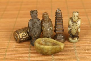 6 Piece Chinese Old Jade Hand Carved Statue Figure Collectable Pot Copper