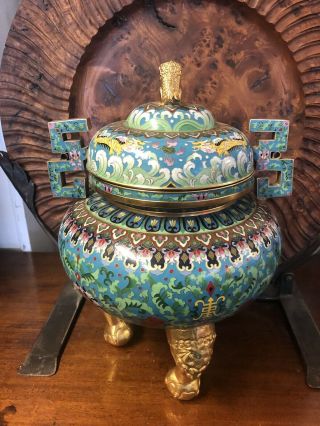 Chinese Large Cloisonne Censer & Cover Kylin Lid Dragon Claw Feet Gilt Metal 11