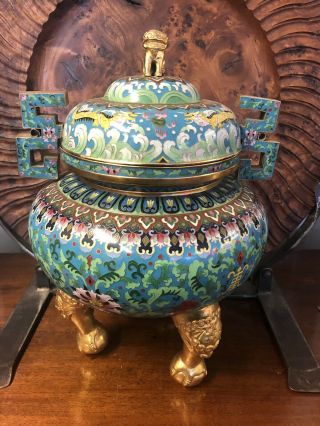 Chinese Large Cloisonne Censer & Cover Kylin Lid Dragon Claw Feet Gilt Metal