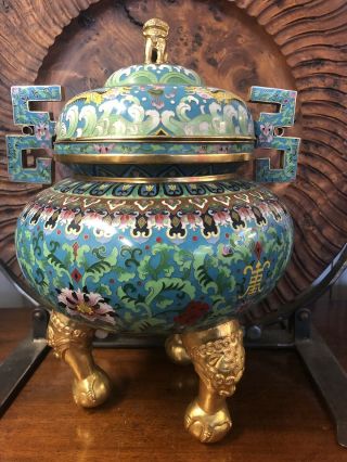 Chinese Large Cloisonne Censer & Cover Kylin Lid Dragon Claw Feet Gilt Metal 2