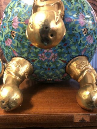Chinese Large Cloisonne Censer & Cover Kylin Lid Dragon Claw Feet Gilt Metal 7