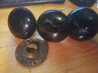 Set Of 3 Vintage Black Porcelain Door Knobs.  2 1/8 " With 1 Spindle And Cover