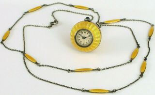 Vintage Enamel Bucherer Round Watch Pendant Guilloche Necklace Chain Running